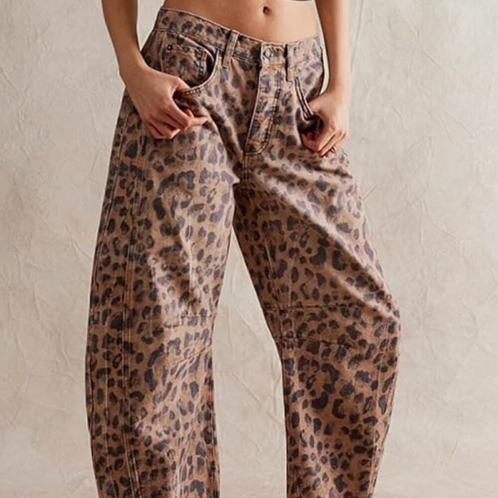 Leopard Print Baggy Barrel Jeans Pants